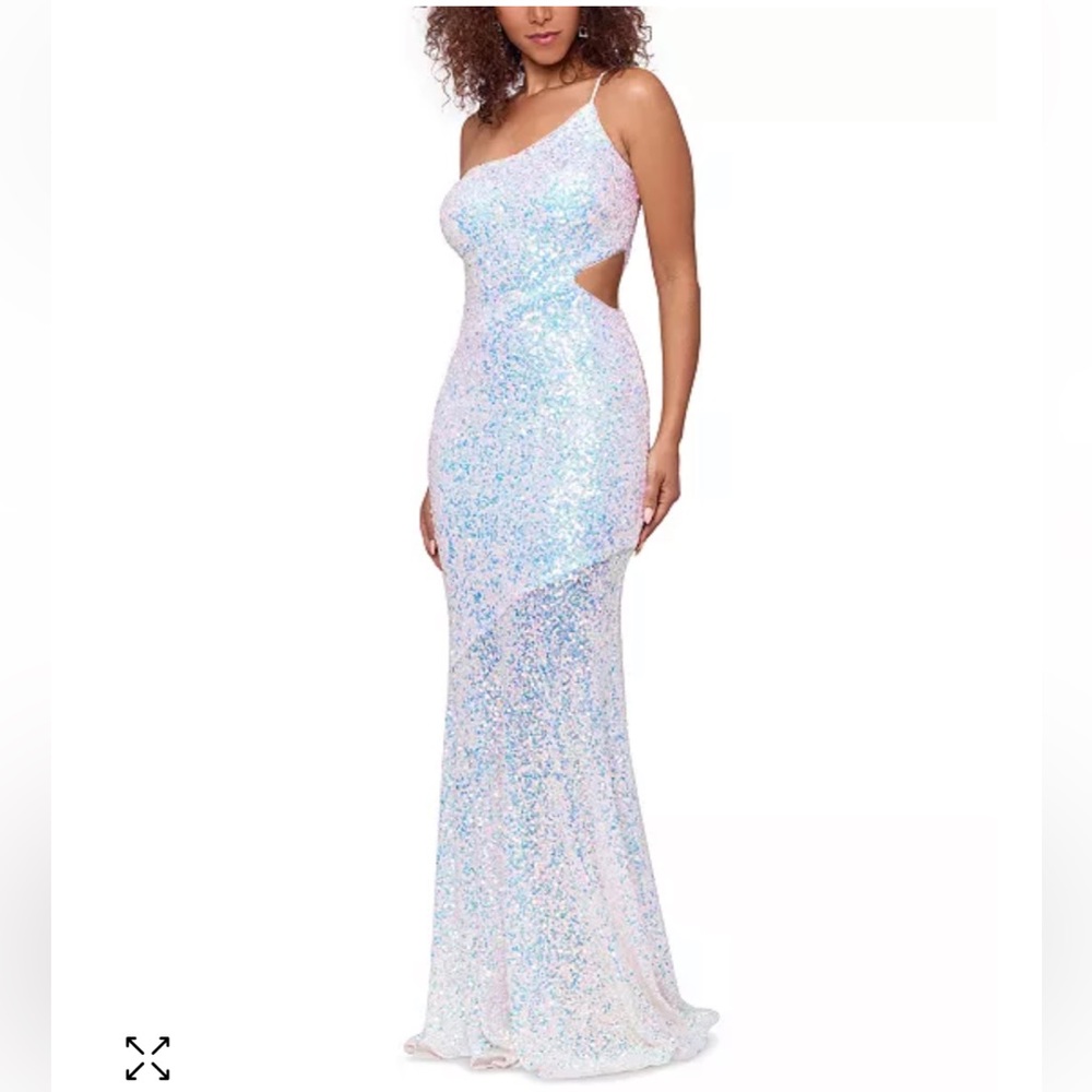 BETSY & ADAM white sequined one shoulder prom dress
